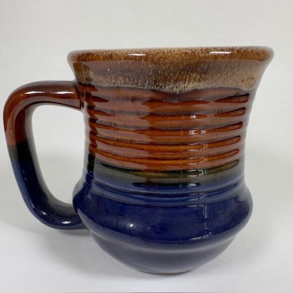 Classic Handmade Stoneware Drip Glaze Mug Brown Blue 1970s Ribbed Texture VTG - Picture 12 of 12